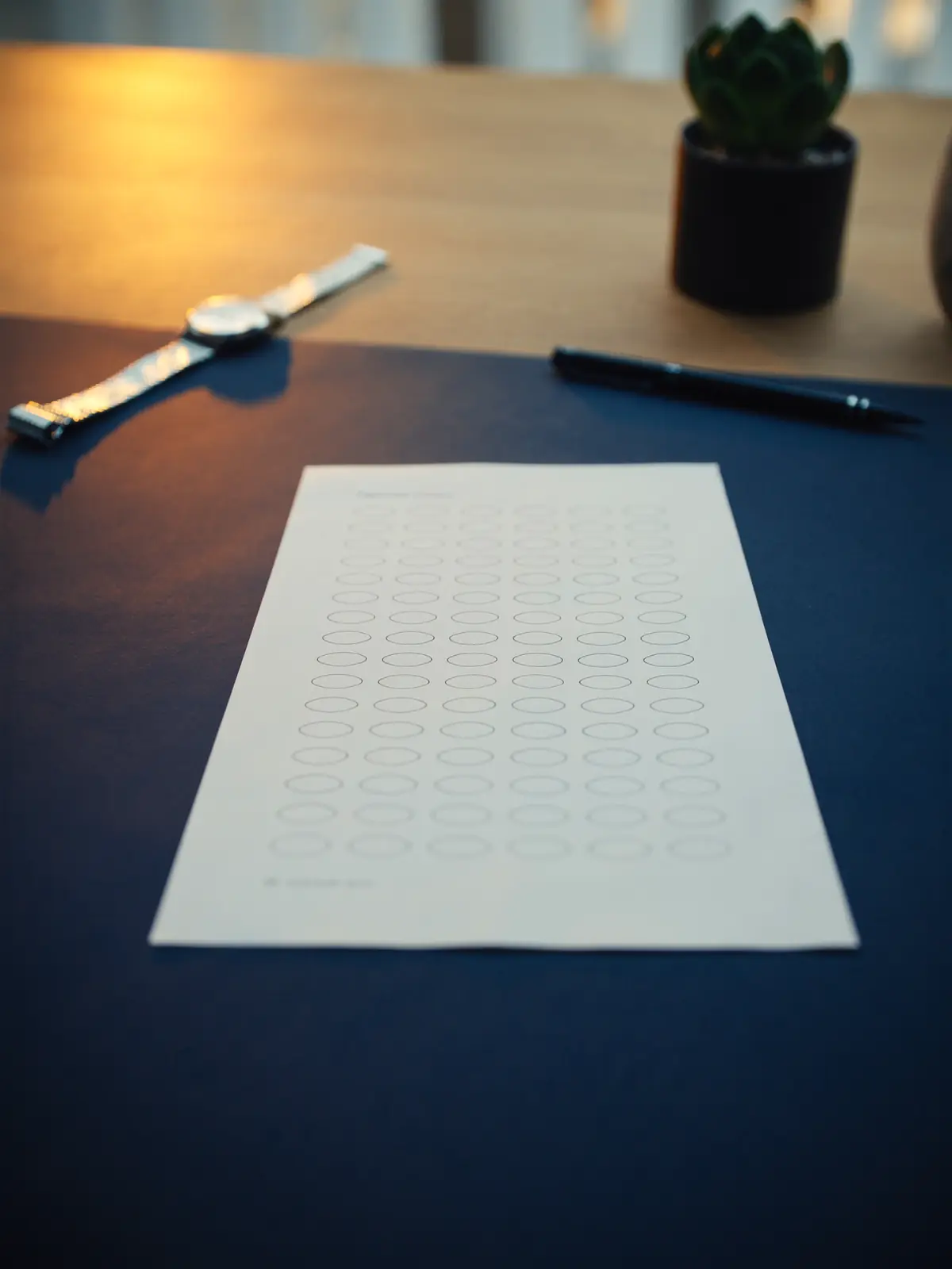 Papel de simulacro de oposición sobre escritorio con reloj y bolígrafo